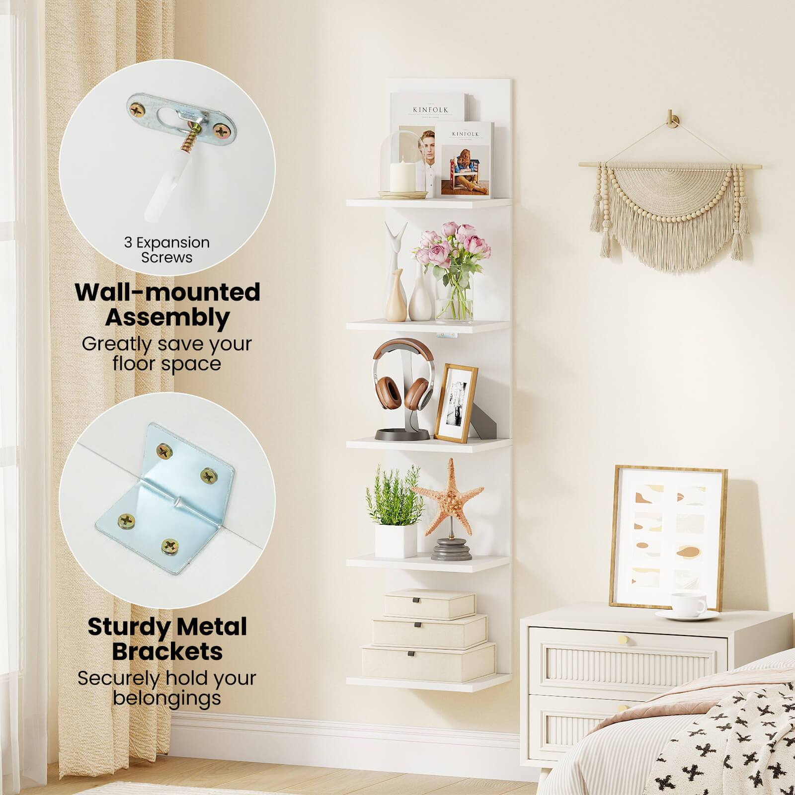 Costway 1 PCS 5 Tier Wall Shelves Vertical Floating Storage Shelf
