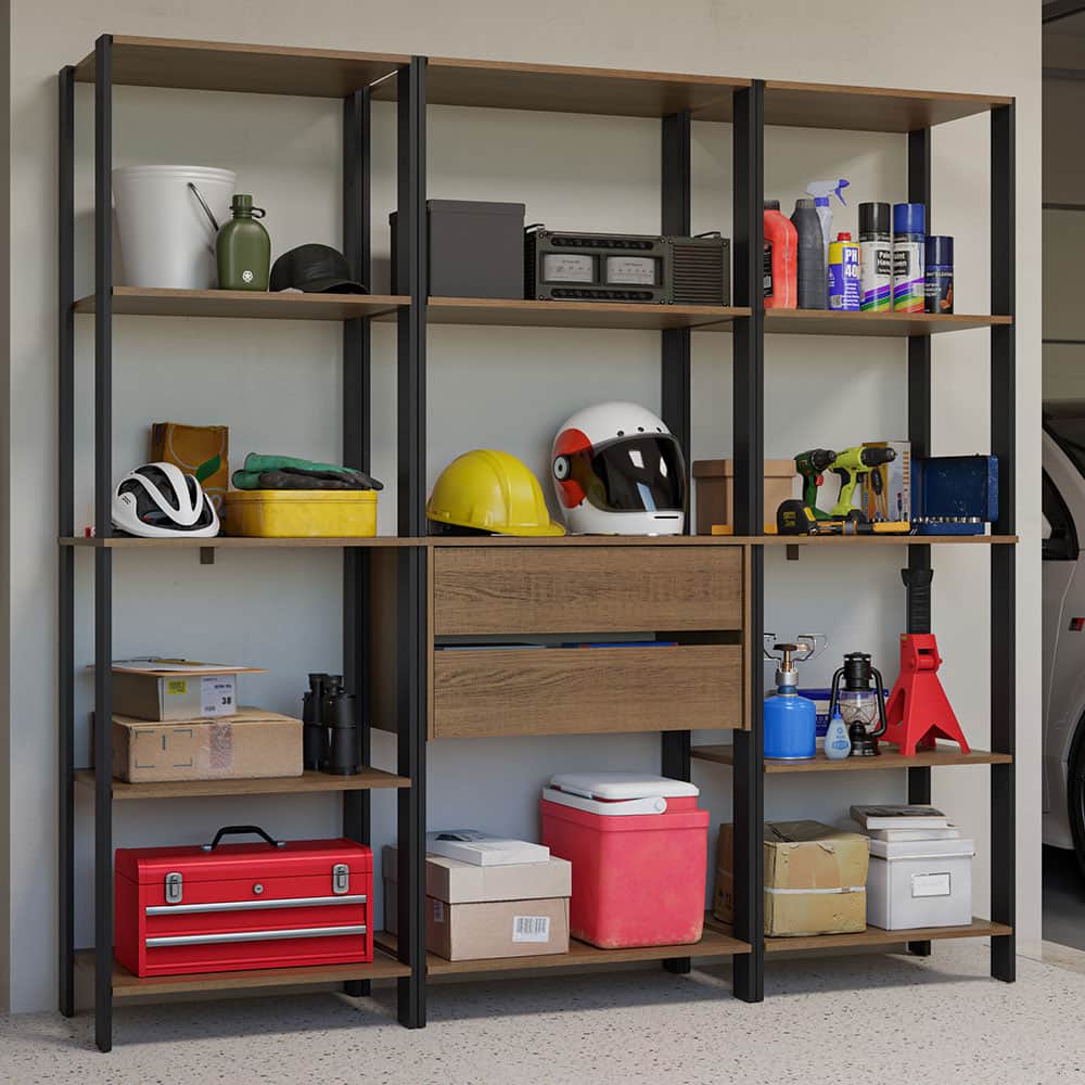 Madesa - Garage Storage Rack with 2 Drawers and Open Shelves 74"L - Black/Brown - Rustic/Black
