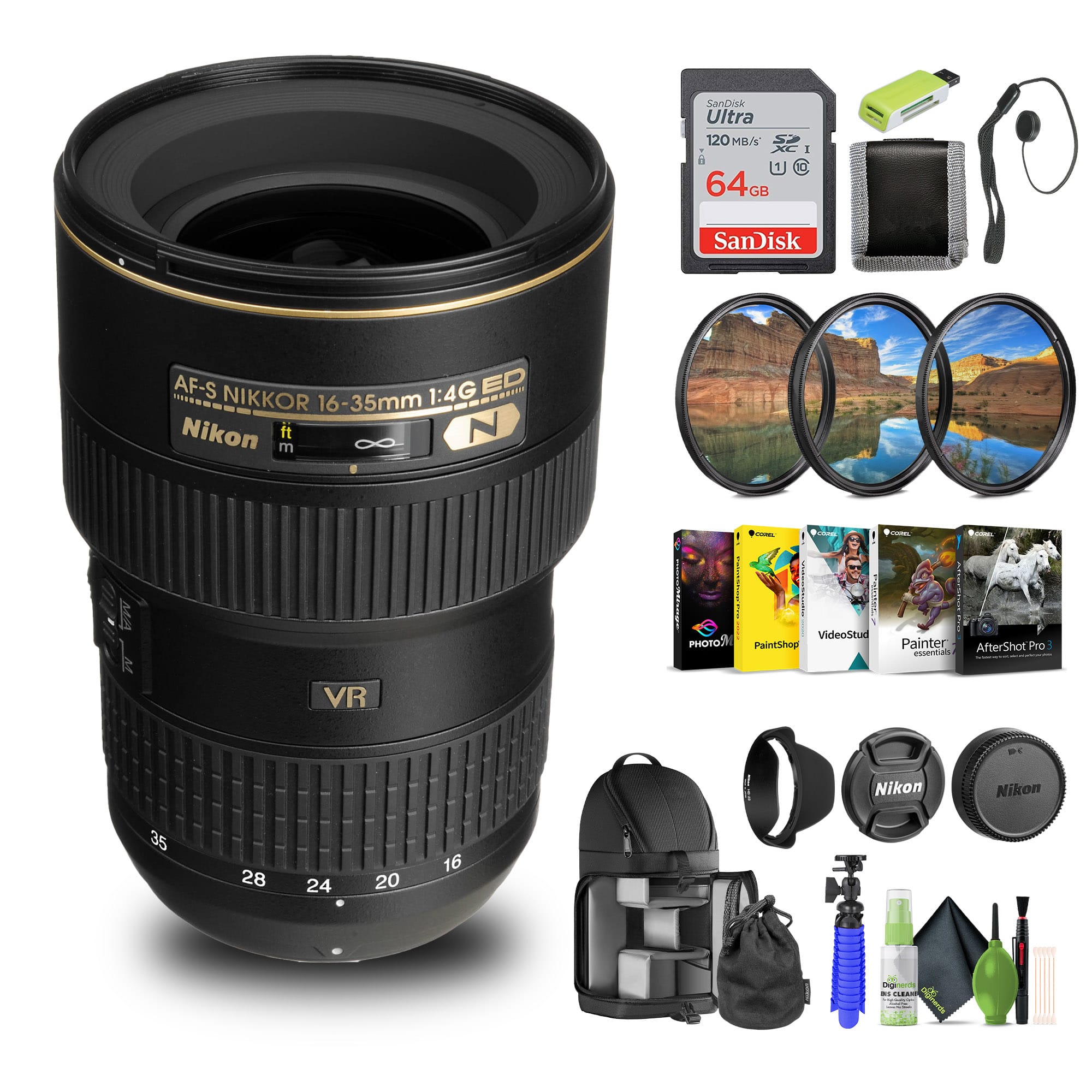 Nikon - AF-S NIKKOR 16-35mm f/4G ED VR Lens (2182) + 64GB Memory Card + Filter Kit - Bundle - Black