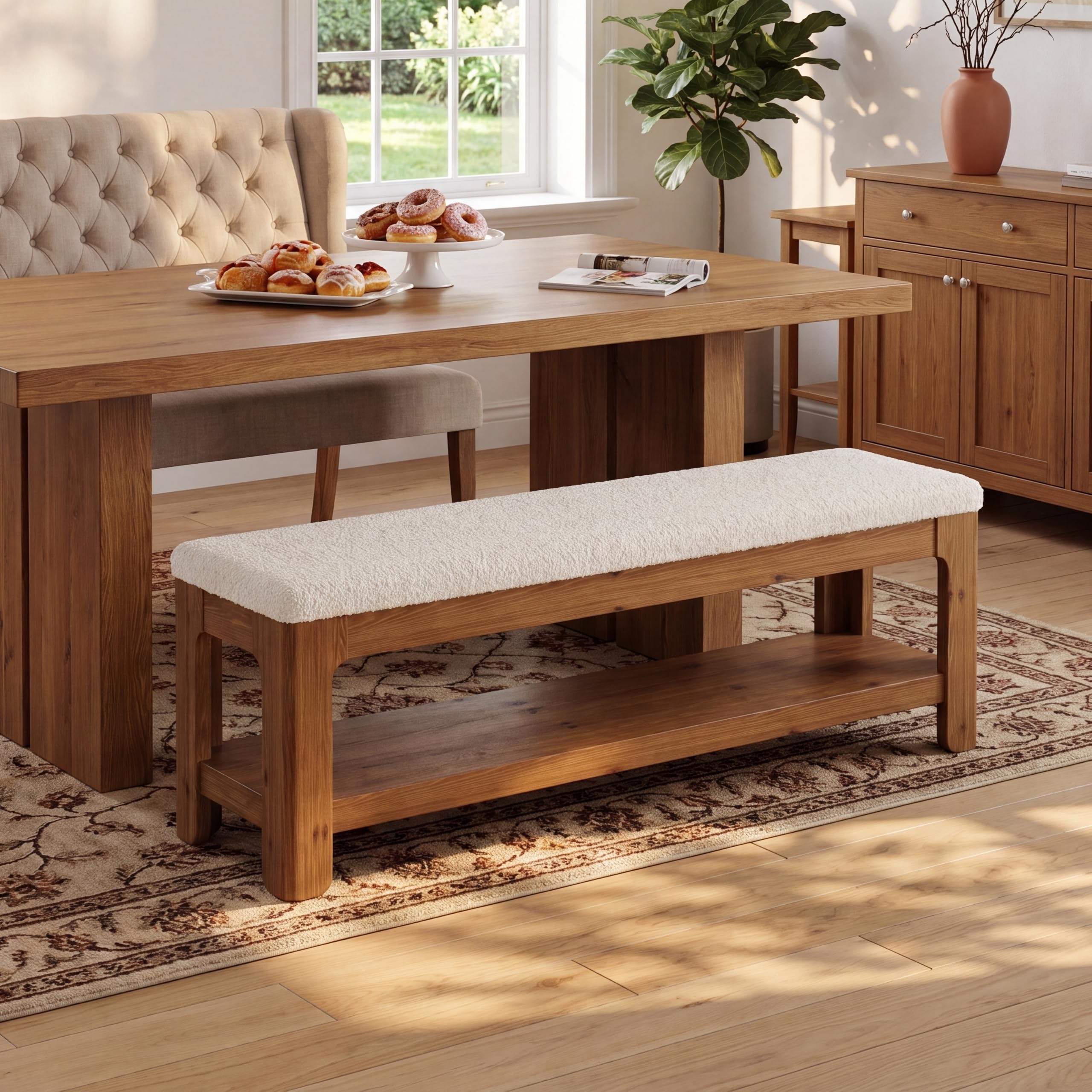 Left. Tribesigns - Solid Wood 55" Dining Bench with Cushion and Sturdy Frame - White & Brown.