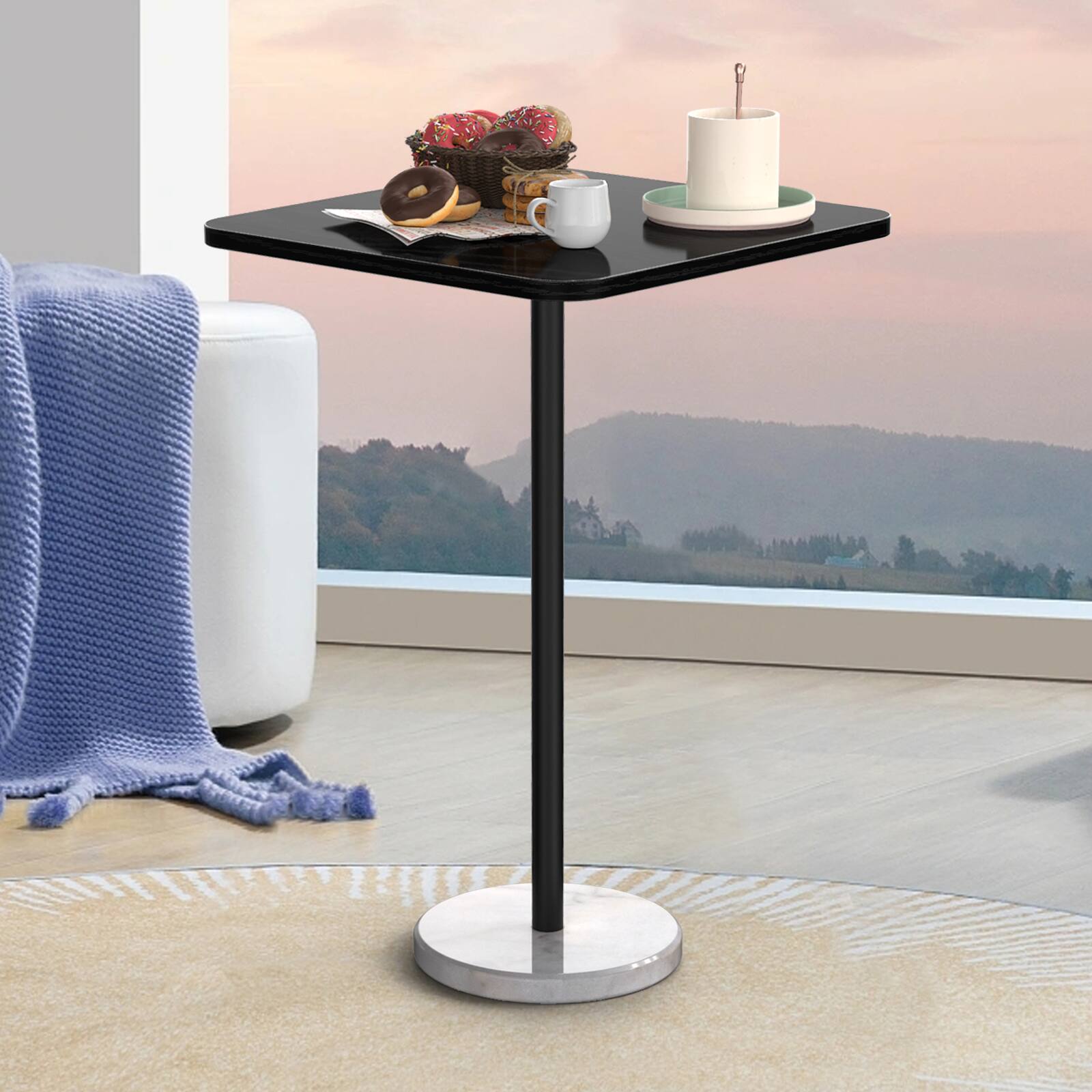 Alt View 1. Oumilen - Black Wood Top Side Table with White Marble Base - Black.