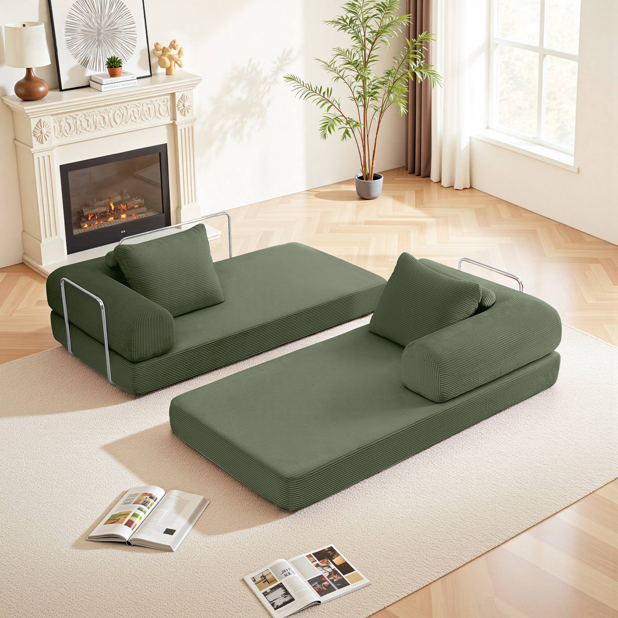 Alt View 7. KERDOM - 63'' W Convertible Floor Sofa Bed, Corduroy Modular Floor Couch with Pillow Back, Folding Couch Sleeper for Living Room - Olive Green.