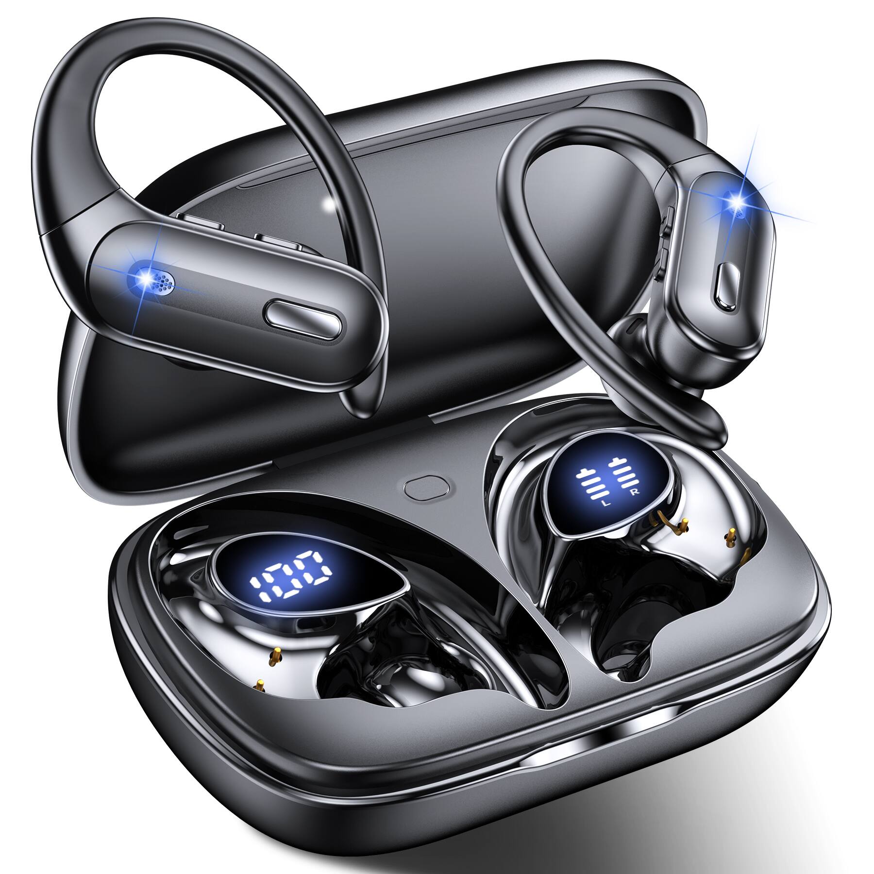 Front. VEAT00L - OFNEX X19 Wireless Earbuds Bluetooth 5.3 Headphones 90 Hrs Playtime Ear buds with Wireless Charging Case Power Display - 黑色.
