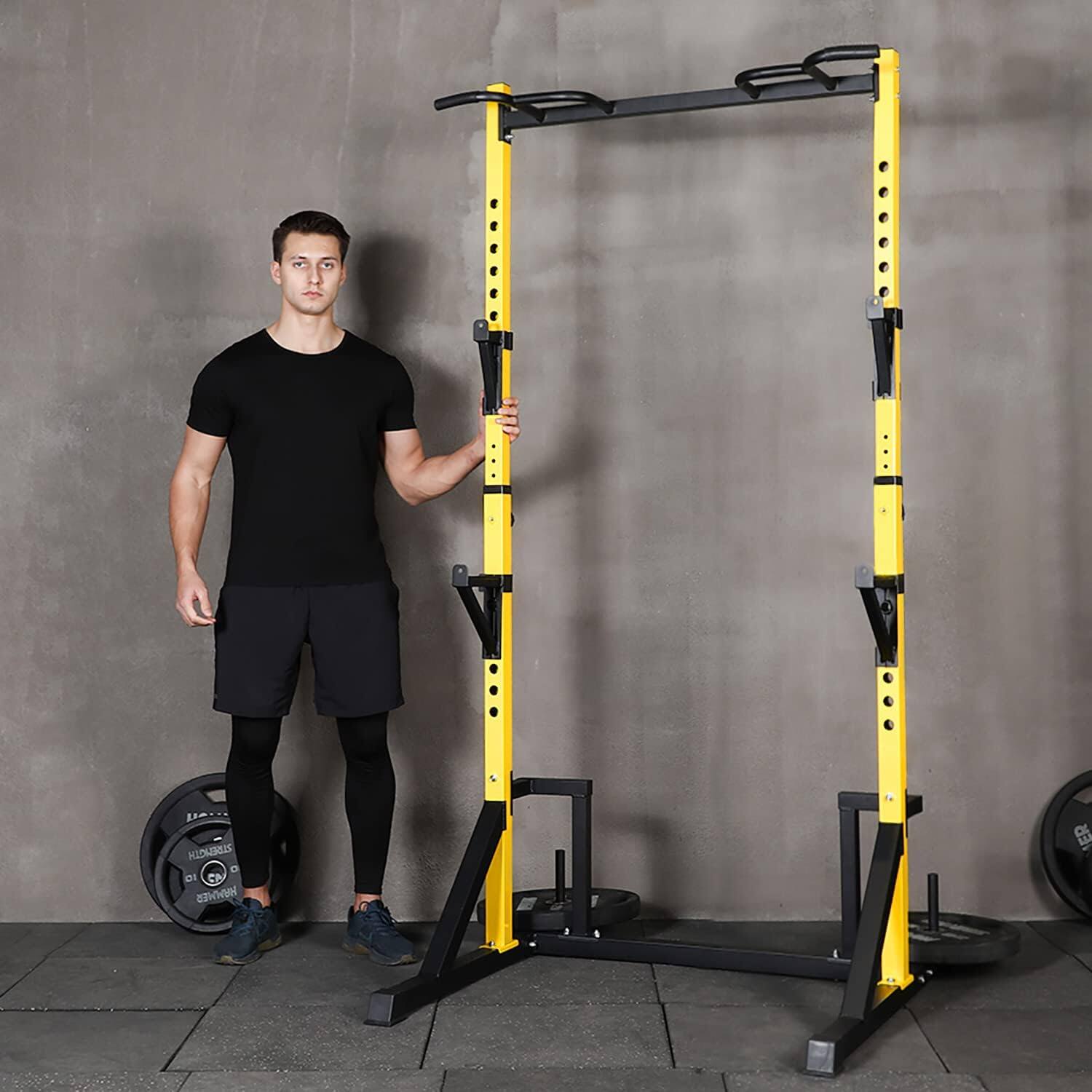 Front. KERDOM - Height Adjustable Power Rack with Pull up Bar Muscles Trainer, Power Tower Pull Up Dip Station Heavy Capacity 700lbs - Yellow.