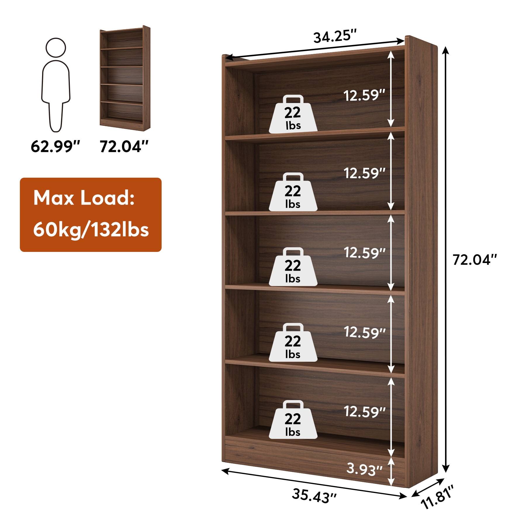 - Height: 72.04"
- Width: 34.25"
- Depth: 12.59"
- Max Load: 60kg/132lbs
- Shelf Load Capacity: 22 lbs
- Overall Dimensions: 62.99" (height) x 35.43" (width) x 11.81" (depth)
- Shelf Spacing: 12.59"
- Bottom Shelf Height: 3.93"