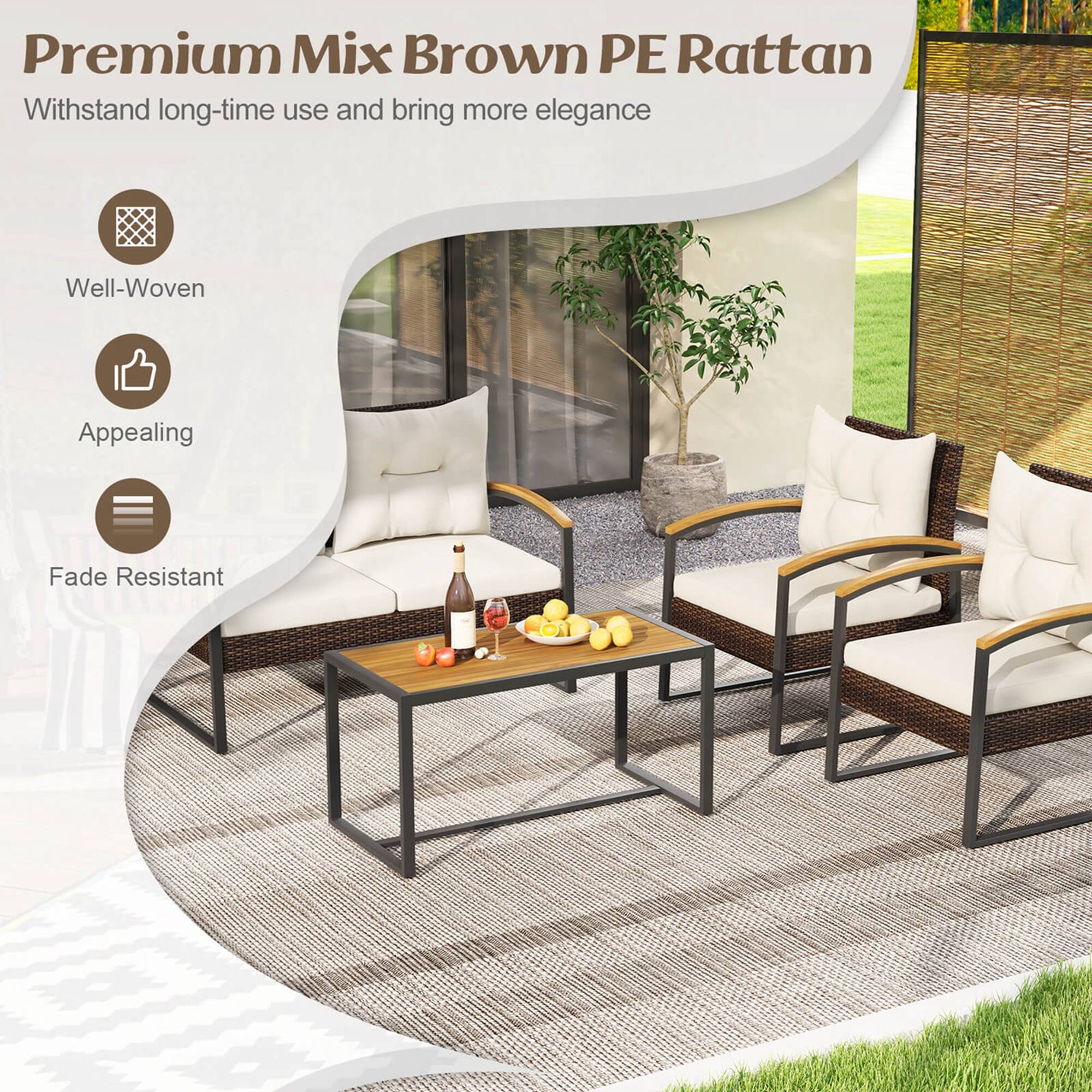 Premium Mix Brown PE Rattan is a long-lasting and elegant choice for your outdoor furniture. It is well-woven and appealing, ensuring that it remains attractive over time. Additionally, it is fade resistant, which means it will maintain its color and appearance for an extended period.
