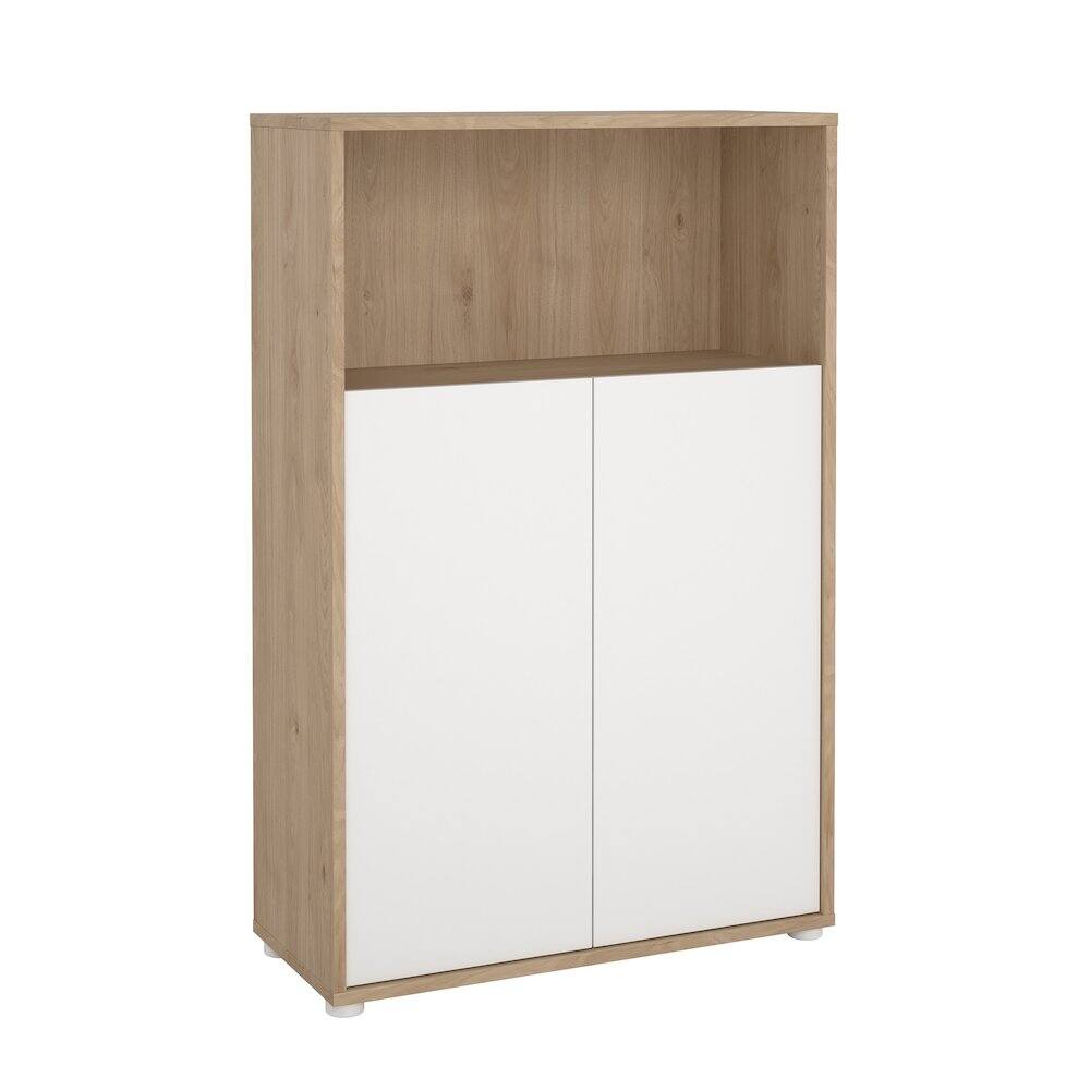 Left. Tvilum - Adjustable 3 Shelf Bookcase with 2 Doors, Open Storage Home Office Bookshelf - Brown.