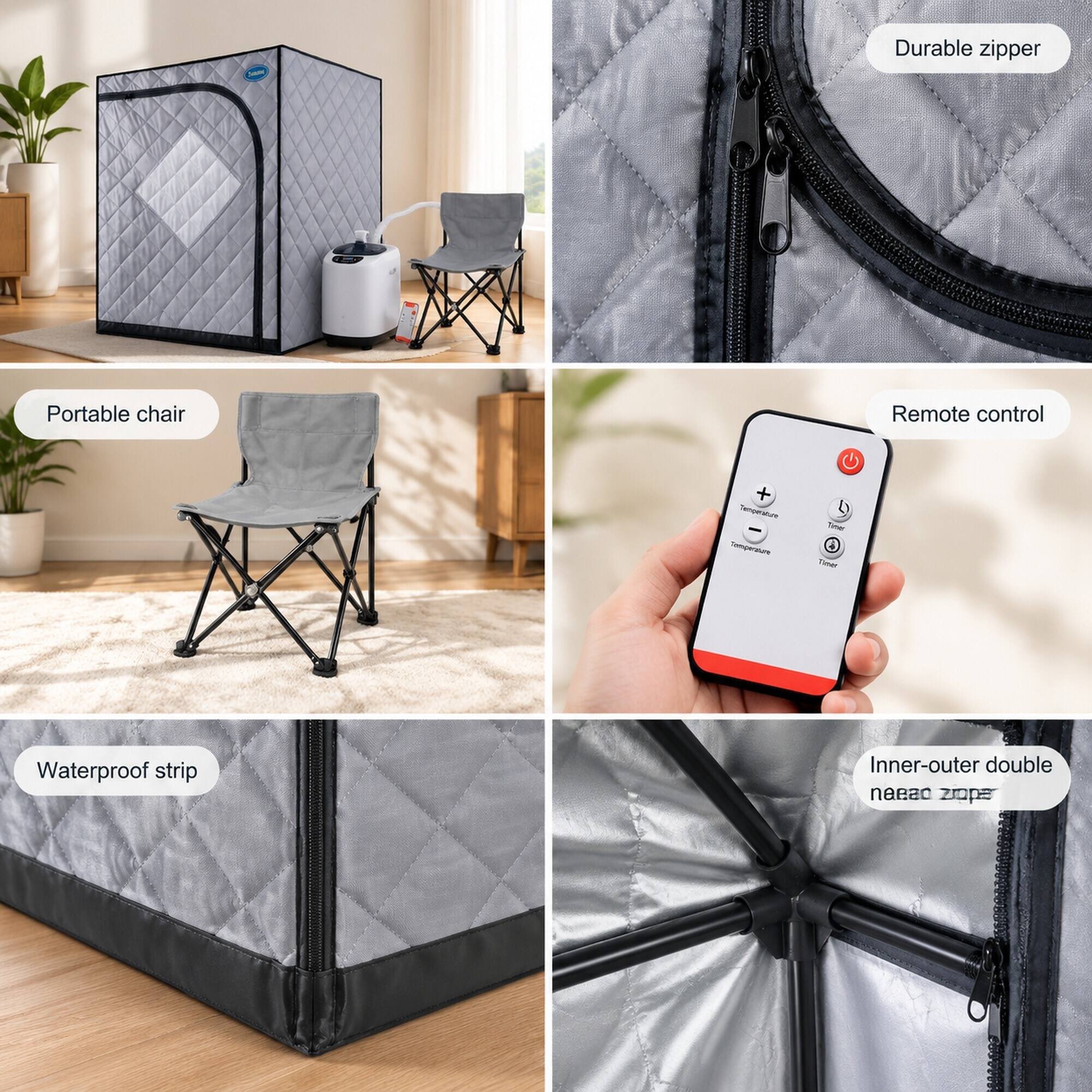 - Durable zipper
- Portable chair
- Remote control
- Temperature
- Timer
- Waterproof strip
- Inner-outer double neead zropa