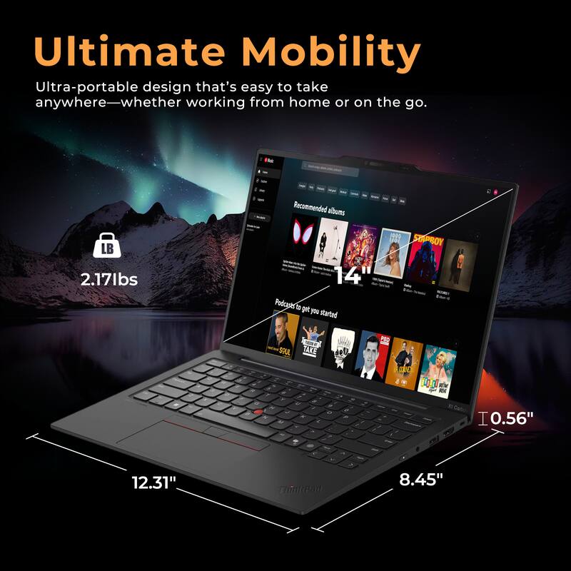 Ultimate Mobility  
Ultra-portable design that's easy to take anywhere—whether working from home or on the go.  

Recommended albums  
LB 2.17lbs  
14"  
12.31"  
8.45"  
I 0.56"