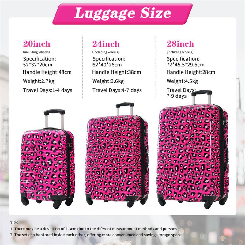 Luggage Size

20inch (including wheels)
- Specification: 52*32*20cm
- Handle Height: 48cm
- Weight: 2.7kg
- Travel Days: 1-4 days

24inch (including wheels)
- Specification: 62*40*26cm
- Handle Height: 38cm
- Weight: 3.6kg
- Travel Days: 4-7 days

28inch (including wheels)
- Specification: 72*45.5*29.5cm
- Handle Height: 28cm
- Weight: 4.5kg
- Travel Days: 7-9 days

TIPS
1. There may be a deviation of 2-3cm due to the different measurement methods and persons.
2. The set can be stored inside each other, offering more convenience and saving storage space.
