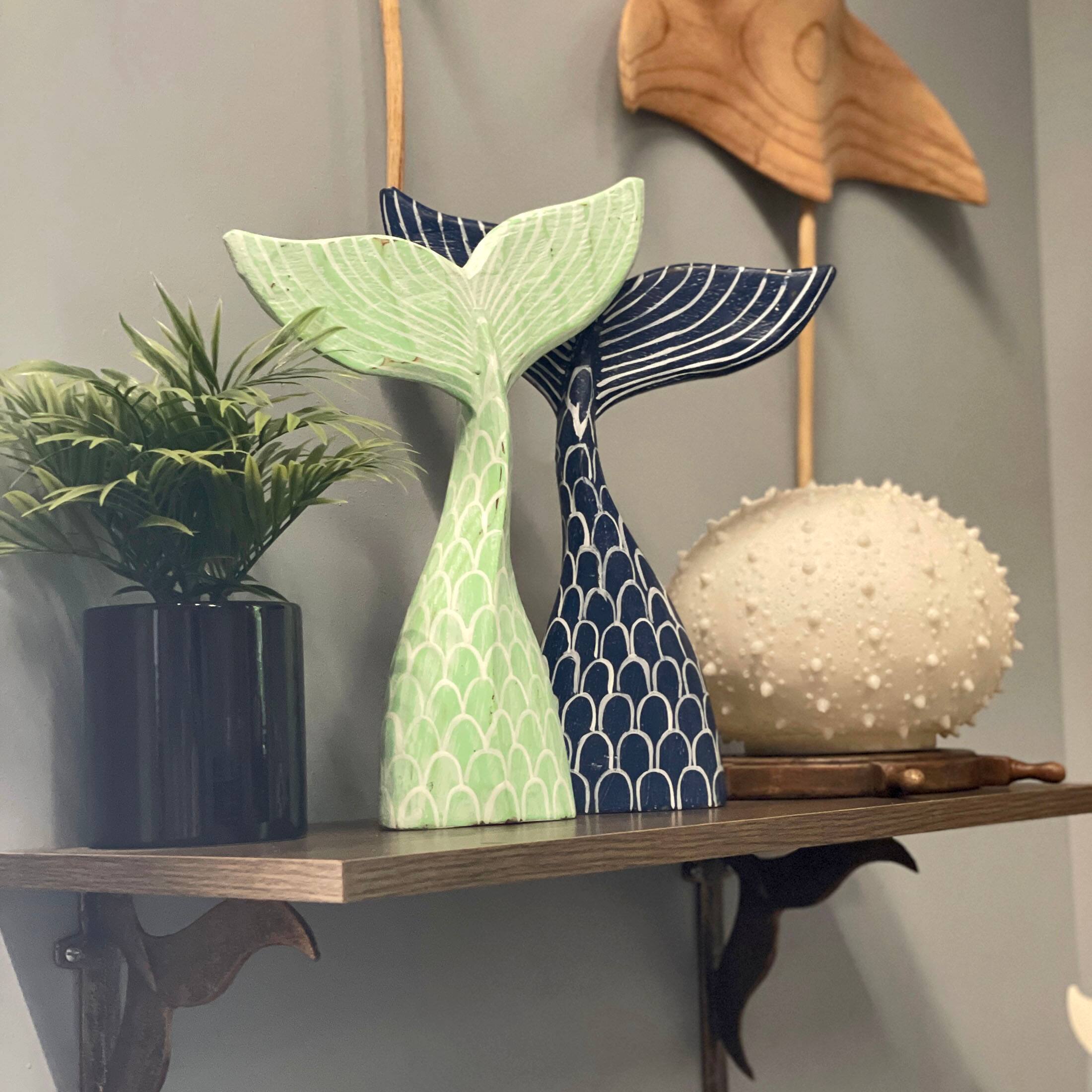 Alt View 4. Things2Die4 - Set of 2 Wood Mermaid Tail Sculptures 13.75" Turquoise & Navy Blue Decor - Green/Blue.