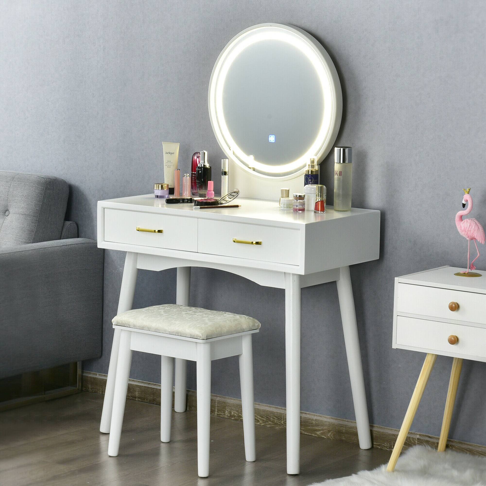 Alt View 3. Costway - Costway Vanity Dressing Table Set Touch Screen 3 Lighting Modes Mirror Padded Stool - White.