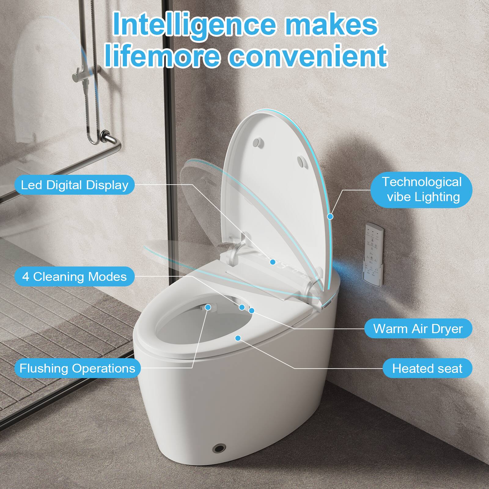 Intelligence makes life more convenient

- Led Digital Display
- Technological vibe Lighting
- 4 Cleaning Modes
- Flushing Operations
- Warm Air Dryer
- Heated seat