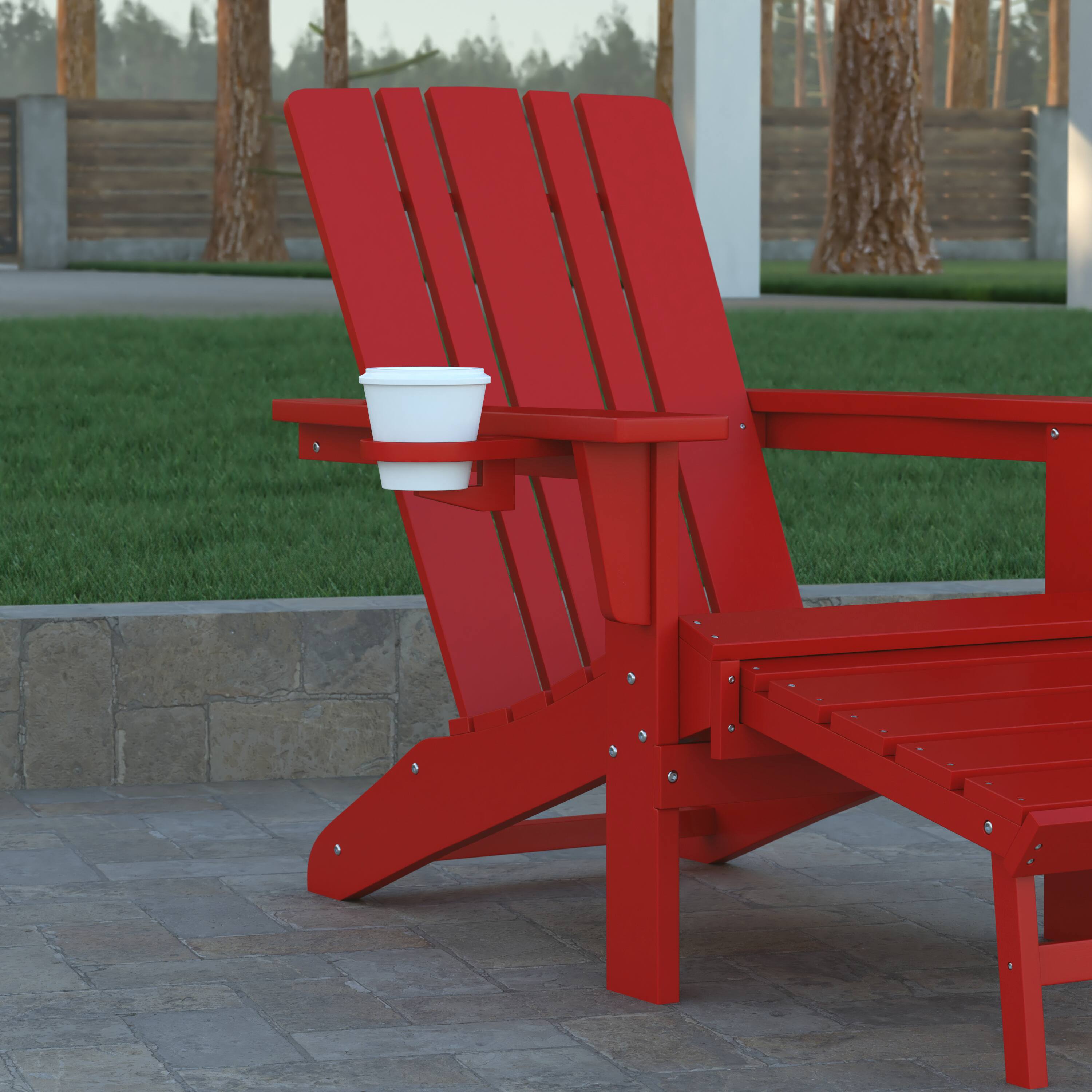Alt View 5. Emma + Oliver - Haley Set of 2 Adirondack Chairs with Cup Holders and Pull Out Ottoman, All-Weather HDPE Indoor/Outdoor Lounge Chairs - Red.