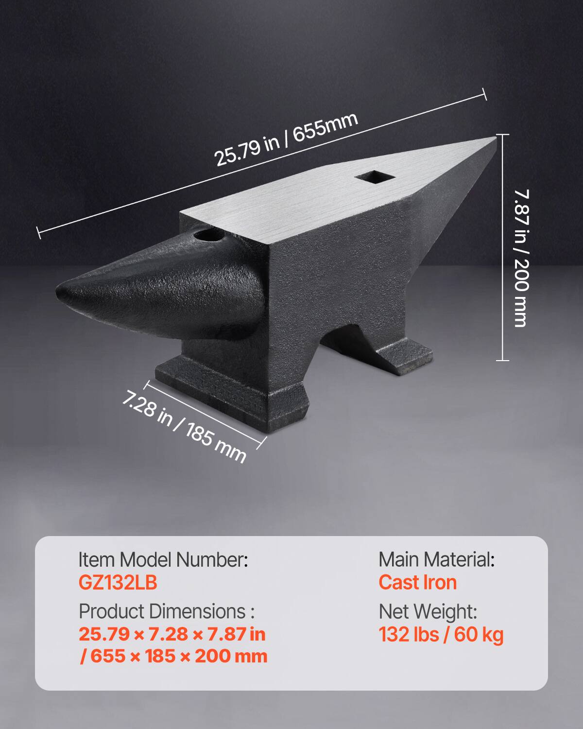 Item Model Number: GZ132LB  
Product Dimensions: 25.79 x 7.28 x 7.87 in / 655 x 185 x 200 mm  
Main Material: Cast Iron  
Net Weight: 132 lbs / 60 kg