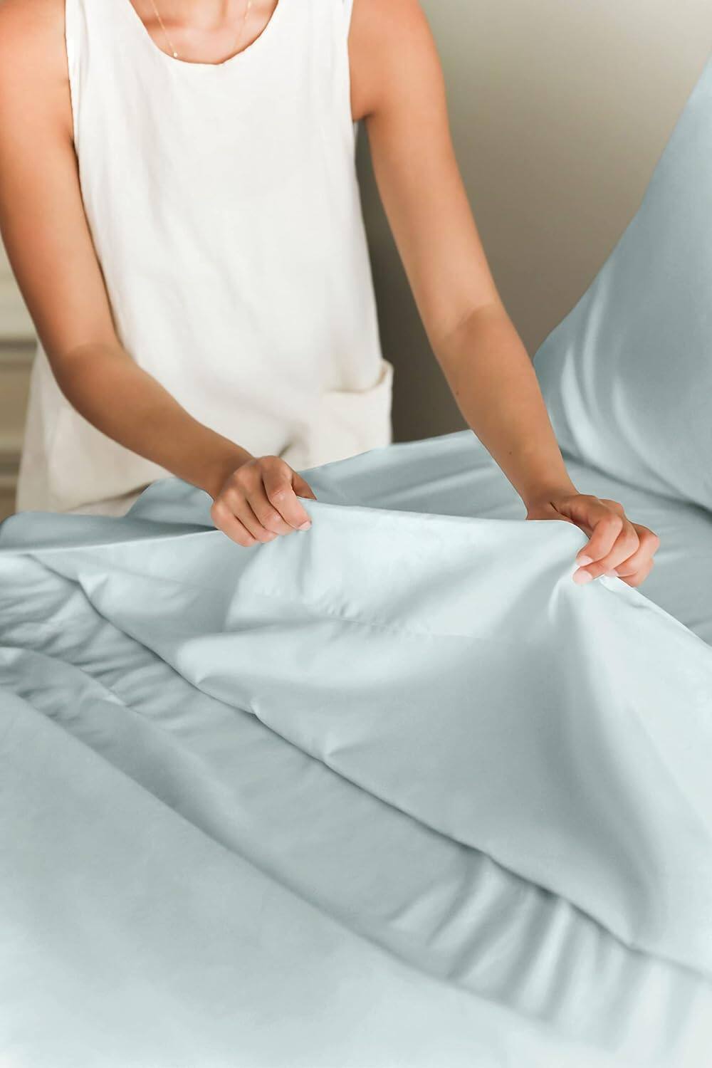 Back. CGK Linens - Luxury Soft 4 Piece Solid Bed Sheet Set - Deep Pocket Fits 8"-16" Mattresses - Twin - Ice Blue.