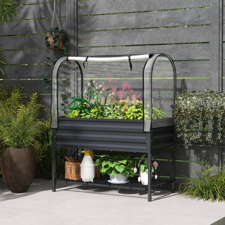 Alt View 2. PULUZ - Raised Garden Bed with Legs and Cover, Metal Elevated Planter Box with Bottom Shelf and Liner for Vegetables - Dark Gray.