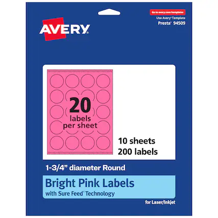 Go to avery.com/templates
Use Avery Template Presta* 94509
20 labels per sheet
10 sheets
200 labels
1-3/4" diameter Round
Bright Pink Labels with Sure Feed Technology for Laser/Inkjet