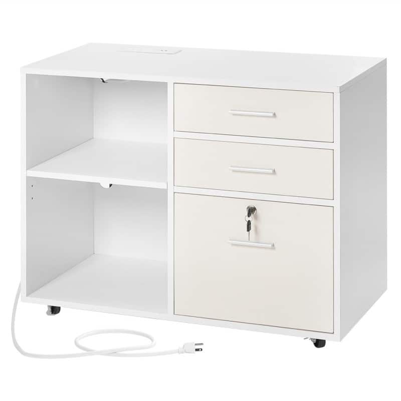 HTUTWOO - 3 Drawer Wooden File Cabinet - Filing Cabinet with Light Strip, Shelves, Lockable Storage with Hanger, Rolling Organizer - White