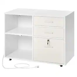 HTUTWOO - 3 Drawer Wooden File Cabinet - Filing Cabinet with Light Strip, Shelves, Lockable Storage with Hanger, Rolling Organizer - White