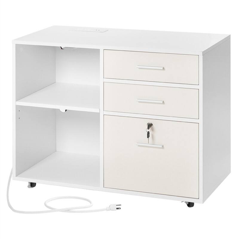 Front. HTUTWOO - 3 Drawer Wooden File Cabinet - Filing Cabinet with Light Strip, Shelves, Lockable Storage with Hanger, Rolling Organizer - White.