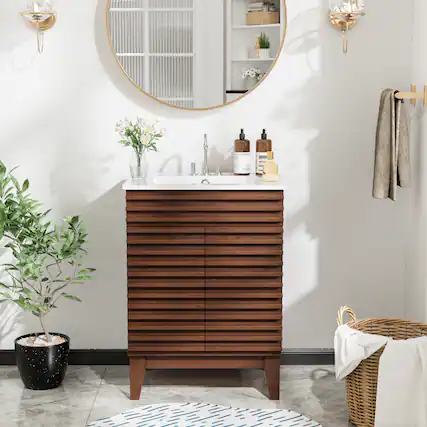 Front. LOVMOR - LOVMOR 24-in W Walnut Freestanding Bathroom Vanity with Undermount Ceramic Sink and 2-Level Storage - Walnut.
