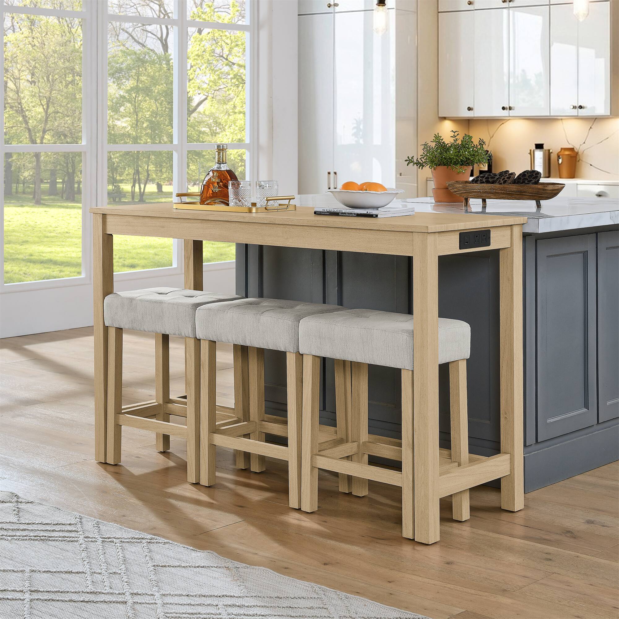 Alt View 4. APRILSOUL - 59 Inch Bar Table Dining Table Sofa Table Power Outlet 3 Upholstered Stools 4 Piece Set - White.