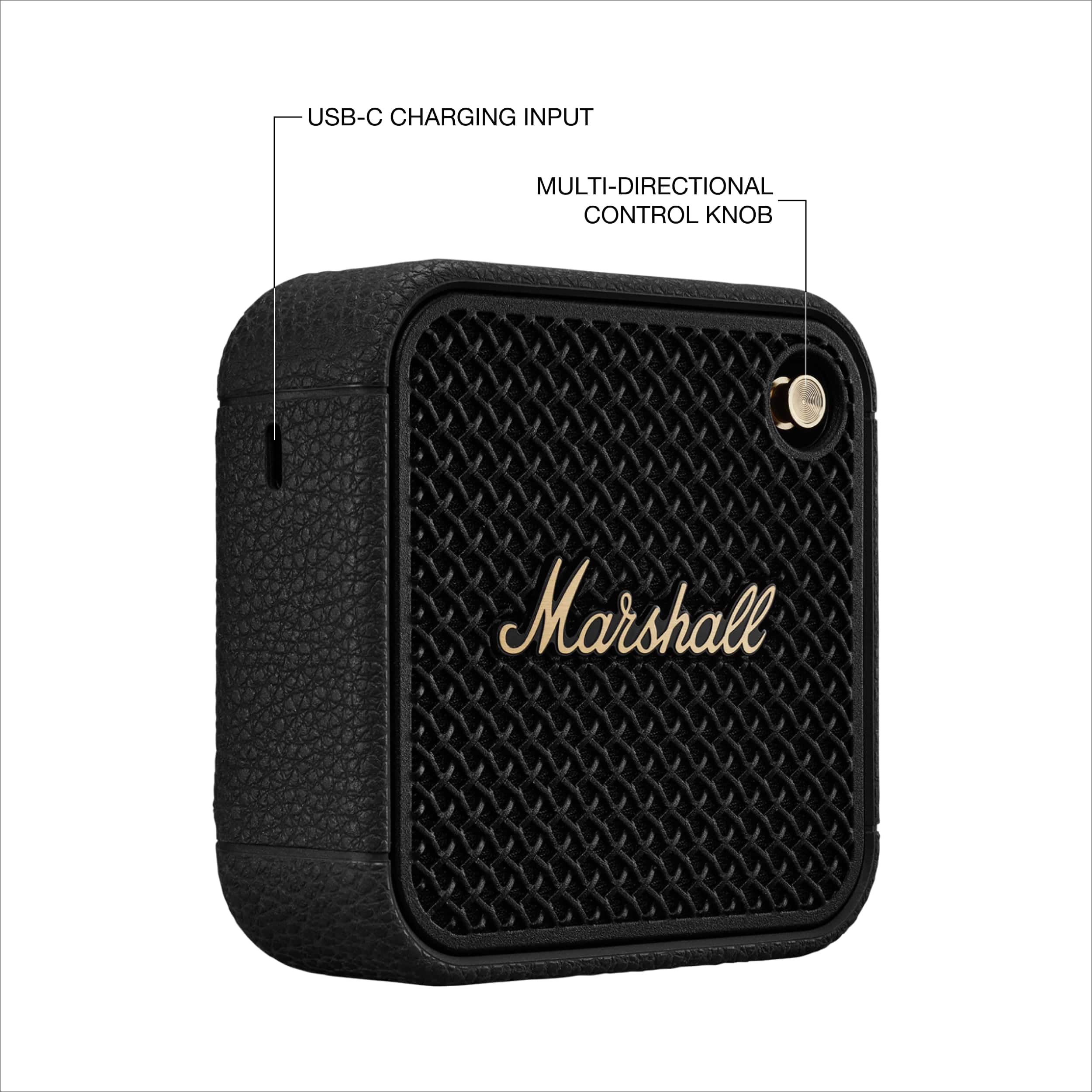USB-C charging input, multi-directional control knob, Marshall.