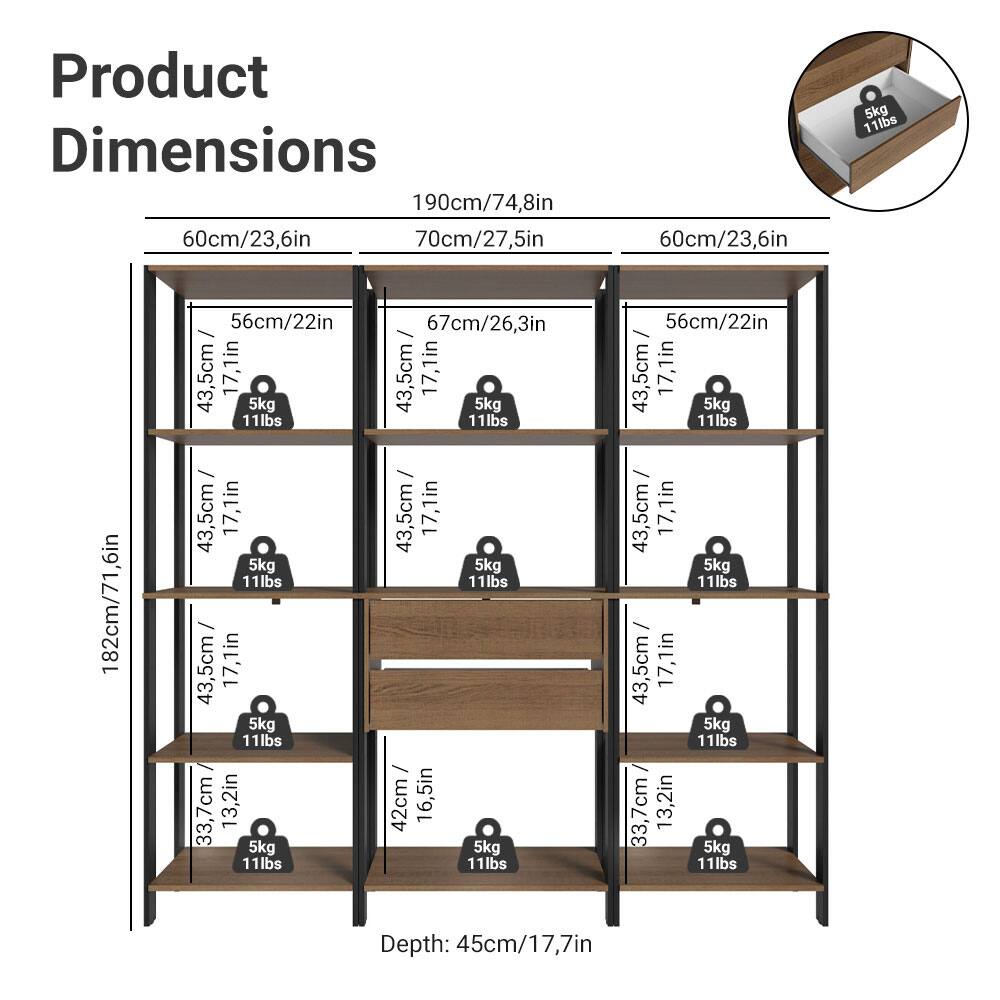 Product Dimensions

- Height: 190cm/74.8in
- Width: 60cm/23.6in
- Depth: 45cm/17.7in

Shelf Dimensions:

- Top Shelf: 60cm/23.6in (Width) x 70cm/27.5in (Depth)
- Middle Shelf: 67cm/26.3in (Width) x 43.5cm/17.1in (Depth)
- Bottom Shelf: 56cm/22in (Width) x 43.5cm/17.1in (Depth)

Each shelf can hold up to 5kg/11lbs.