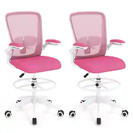 Gymax - 2PCS Home Office Drafting Chair w/Flip-Up Armrests Adjustable Footrest Ring - Pink
