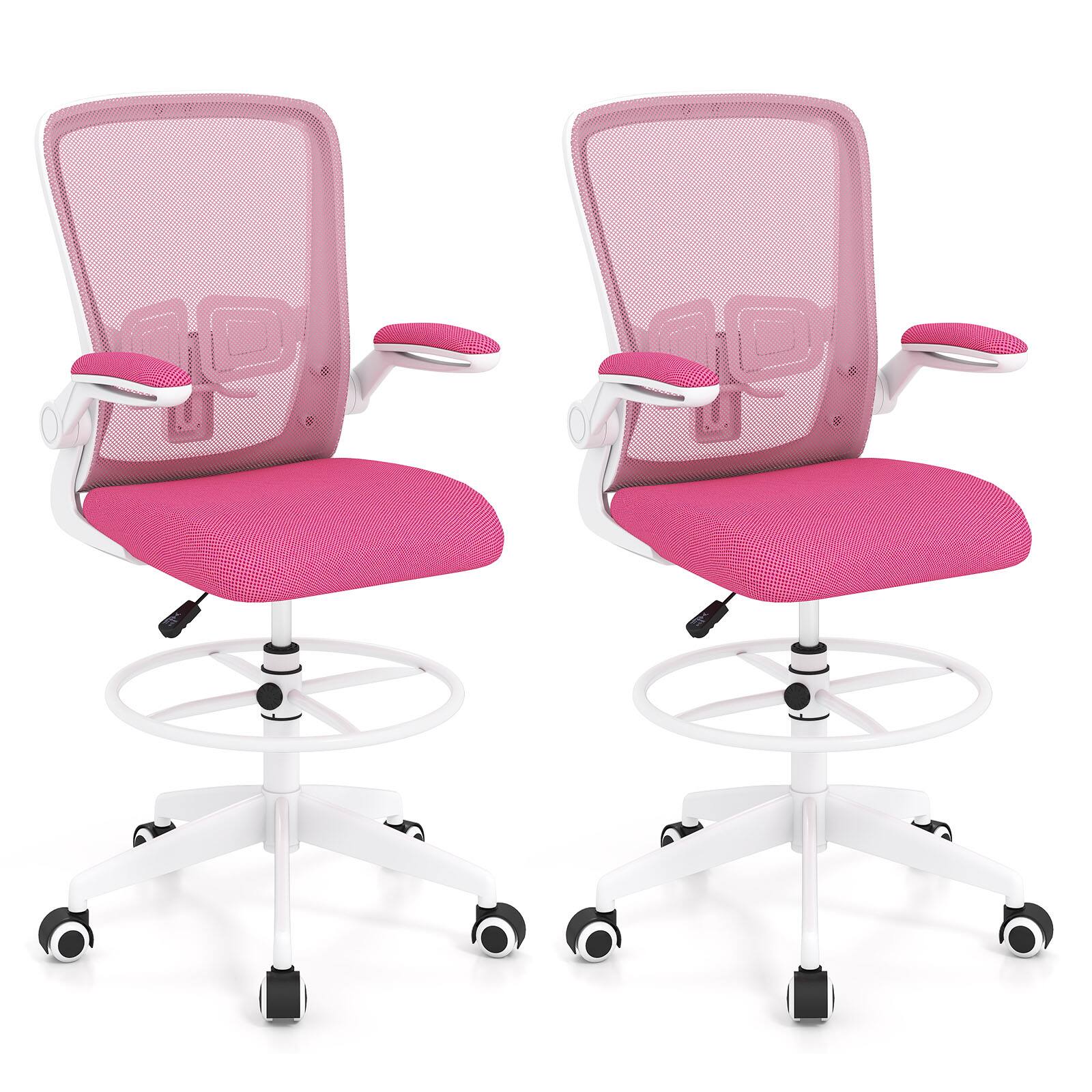 Front. Gymax - Gymax 2PCS Home Office Drafting Chair w/Flip-Up Armrests Adjustable Footrest Ring - Pink.