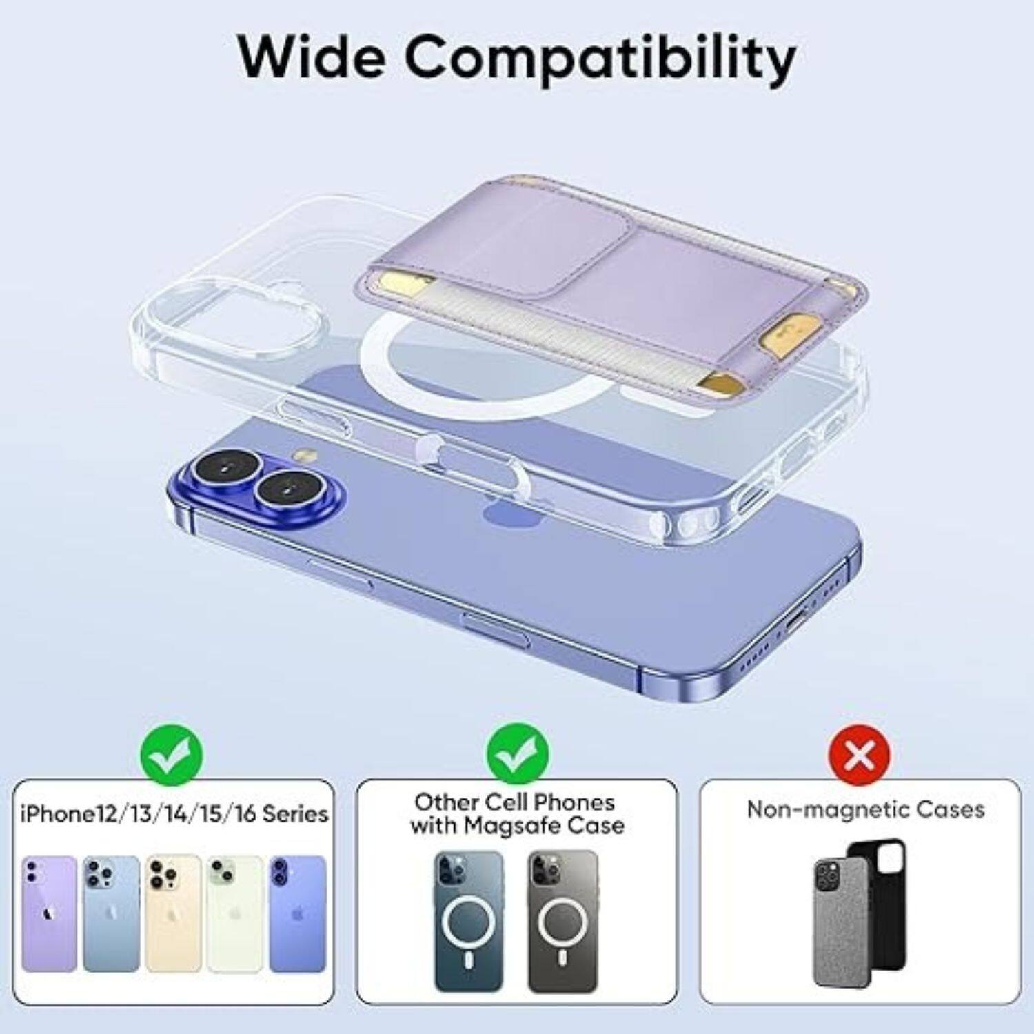 Wide Compatibility

- iPhone 12/13/14/15/16 Series
- Other Cell Phones with Magsafe Case
- Non-magnetic Cases