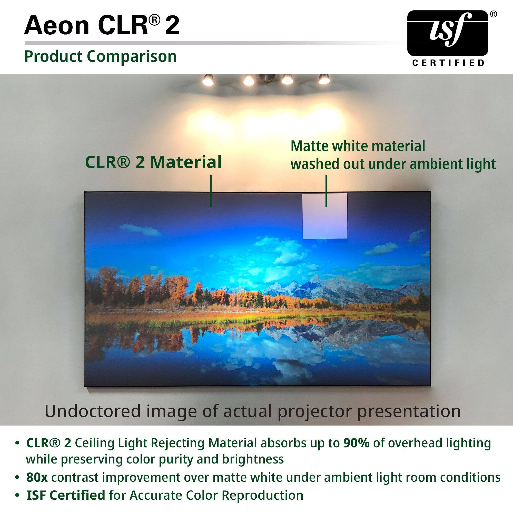 Aeon CLR 2 Product Comparison

CLR R 2 Material
Matte white material washed out under ambient light
Undoctored image of actual projector presentation
CLR R 2 Ceiling Light Rejecting Material absorbs up to 90% of overhead lighting while preserving color purity and brightness
80x contrast improvement over matte white under ambient light room conditions
ISF Certified for Accurate Color Reproduction