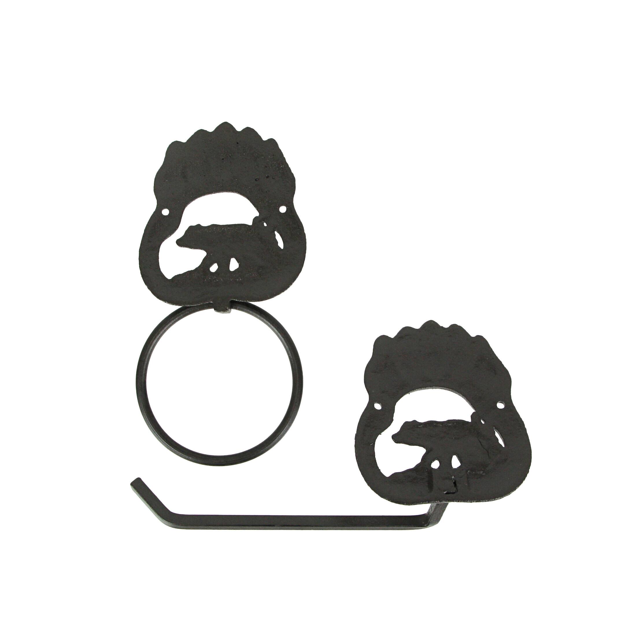 Alt View 2. Things2Die4 - Rustic Cast Iron Black Bear Paw Towel Ring and Holder Set - Black.
