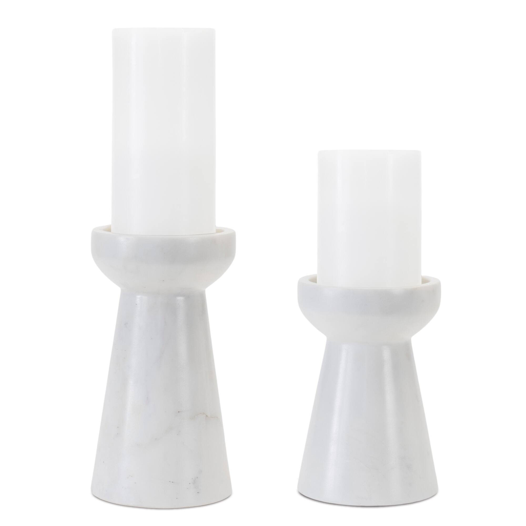 Left. BreeBe - Modern Marble Candle Holder (Set of 2) - White, Grey.