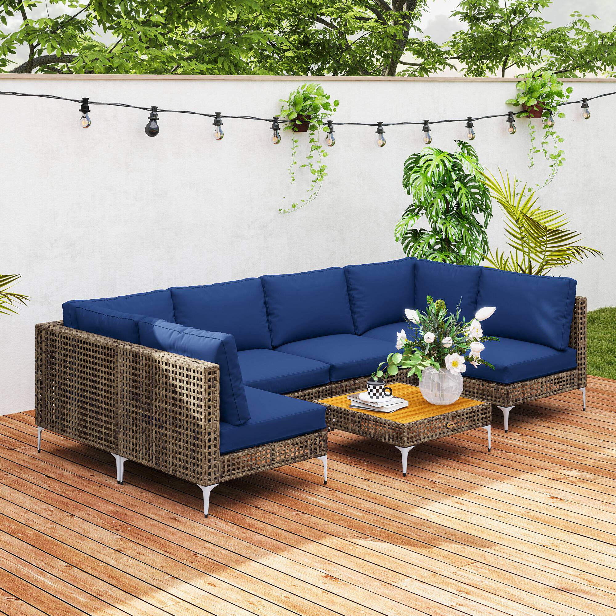 Alt View 8. Outsunny - 7 Piece Wicker Patio Furniture Set, Modular Outdoor Sectional with Thickened Cushions - Brown/Dark Blue.