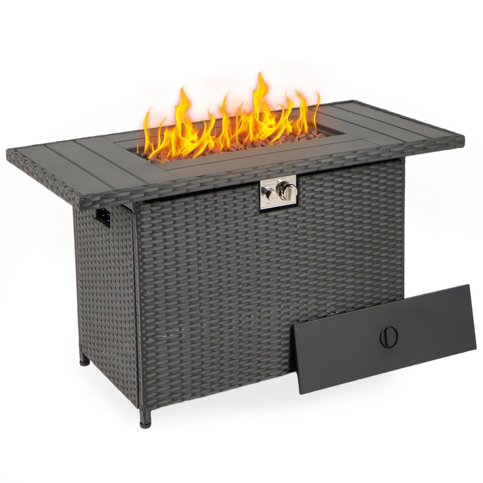 Front. Gymax - Gymax 44.5'' Propane Fire Pit Table w/ Metal Slatted Tabletop & Stainless Steel Burner Black - Black.
