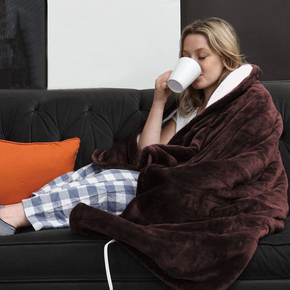 Back. Loheer - Loheer Electric Heated Flannel Throw Blanket 6 Heat Settings 59x50in - Coffee.