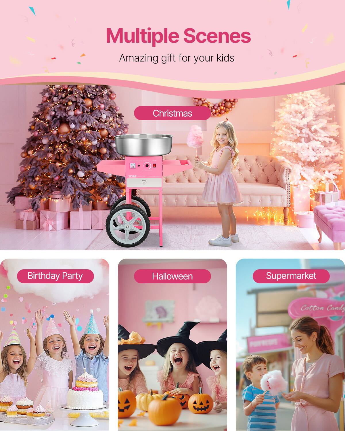 Multiple Scenes  
Amazing gift for your kids  

Christmas  
Birthday Party  
Halloween  
Supermarket  
Cotton Candy