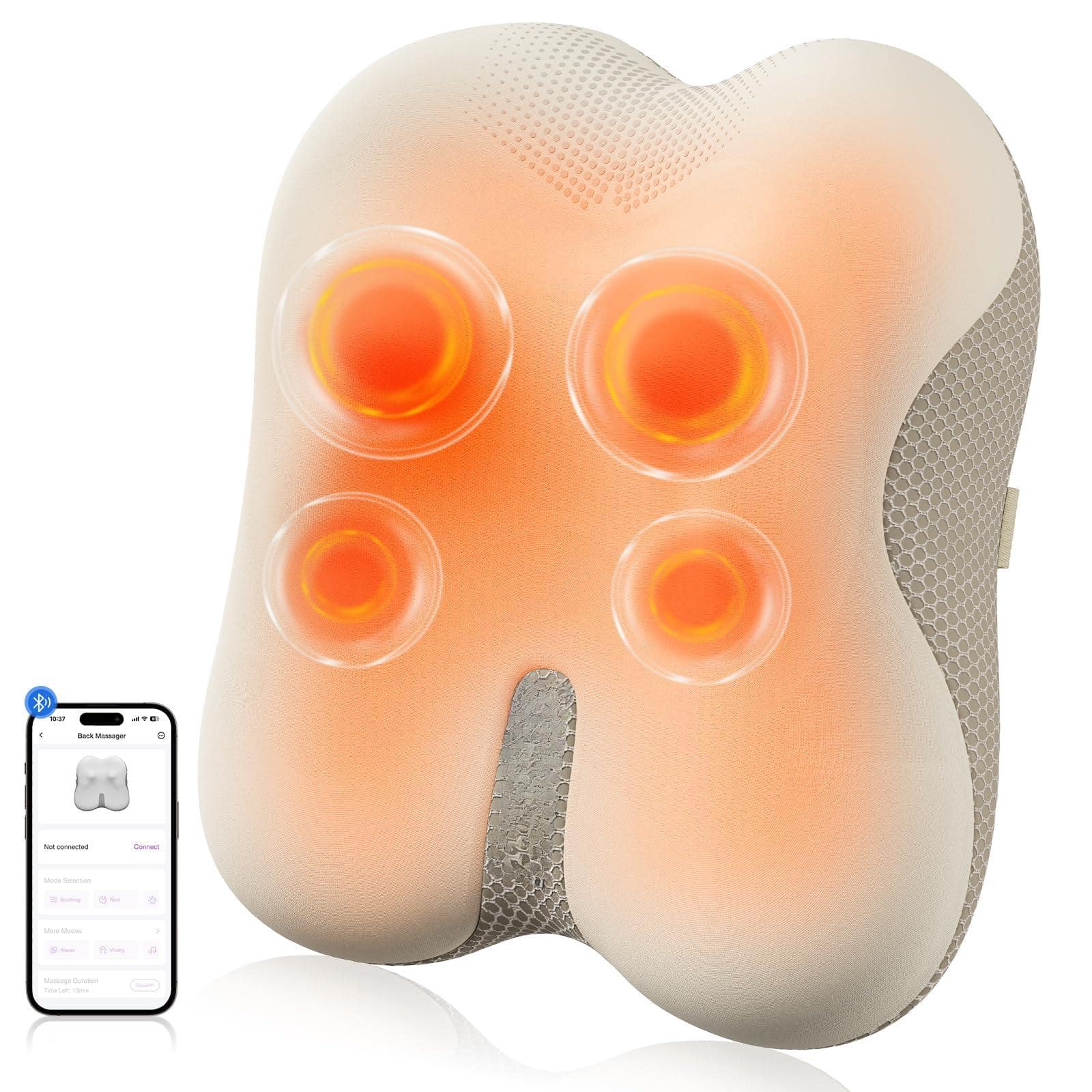 Live At Space - Cordless Shiatsu Neck & Back Massager with Heat, App Control, 4 Nodes, Rechargeable for Chair/Car/Travel, Gift - 642146676611