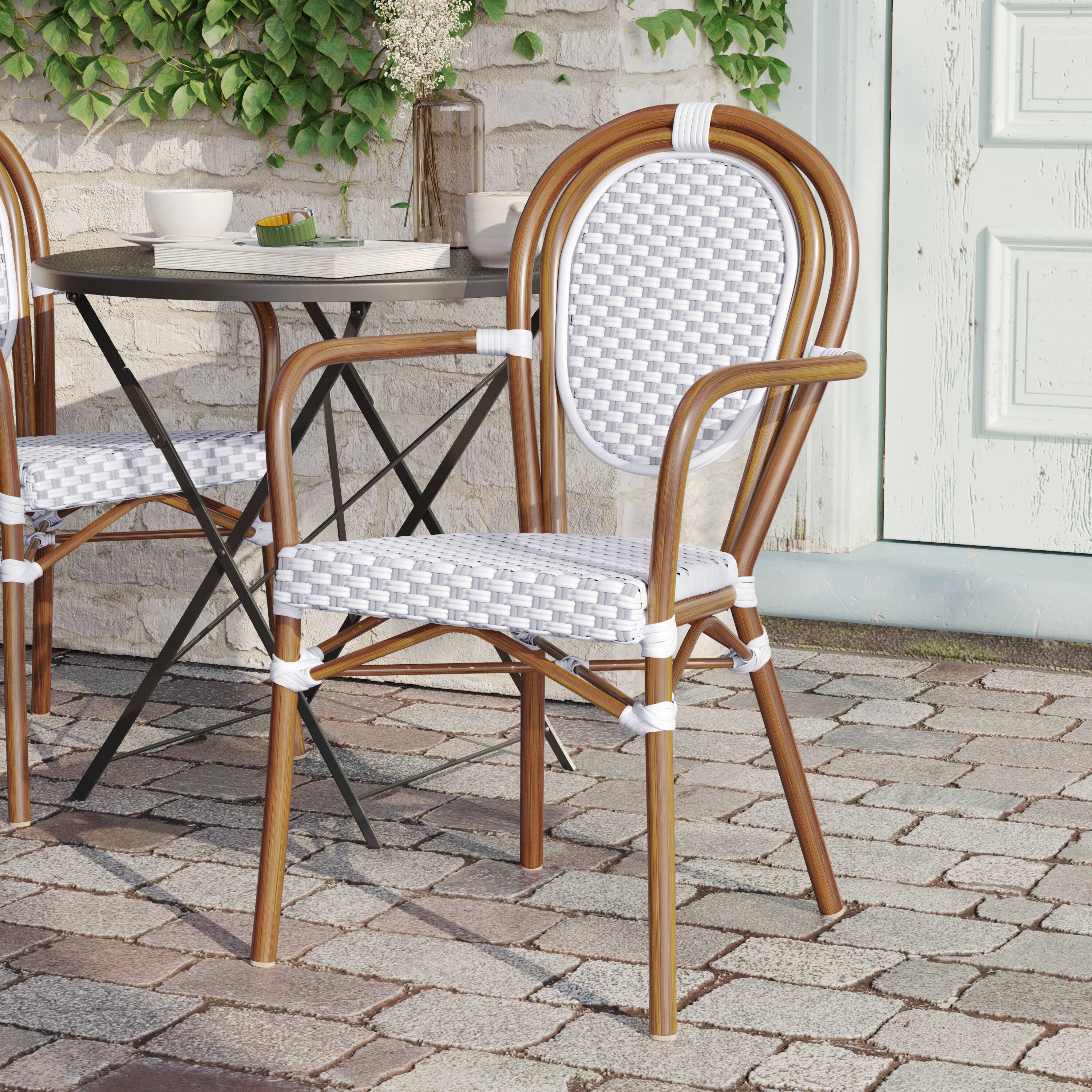 Alt View 2. Flash Furniture - Lourdes Indoor/Outdoor Commercial Thonet Bistro Stacking Chair with Arms, White and Gray PE Rattan and Bamboo Print Alum - Gray.