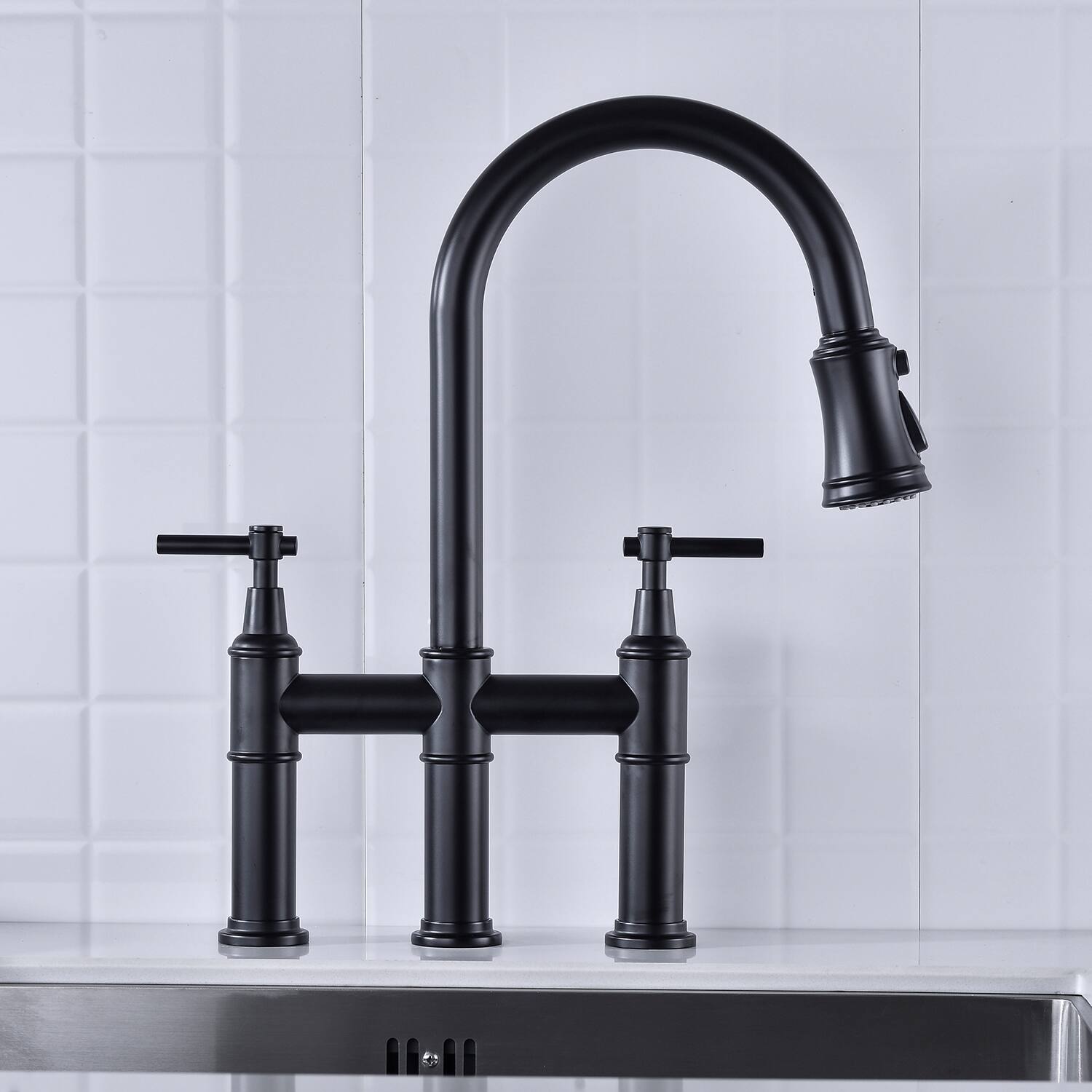 Front. Siljoy - Bridge Kitchen Faucet with Pull-Down Sprayhead in Spot - Matte Black.