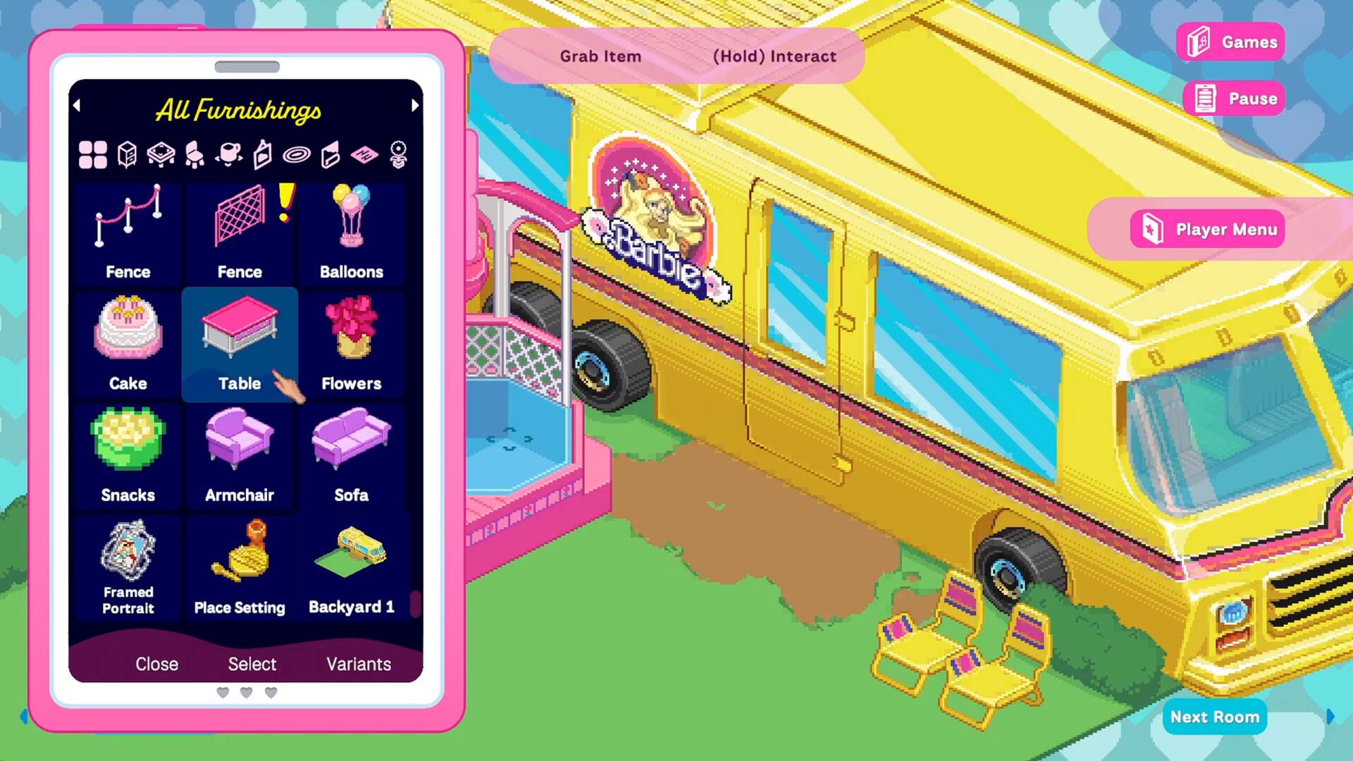 Grab Item (Hold) Interact  
Games  
Pause  
Player Menu  
Fence  
Balloons  
Cake  
Table  
Flowers  
Snacks  
Armchair  
Sofa  
Framed Portrait  
Place Setting  
Backyard 1  
Close  
Select  
Variants  
Next Room