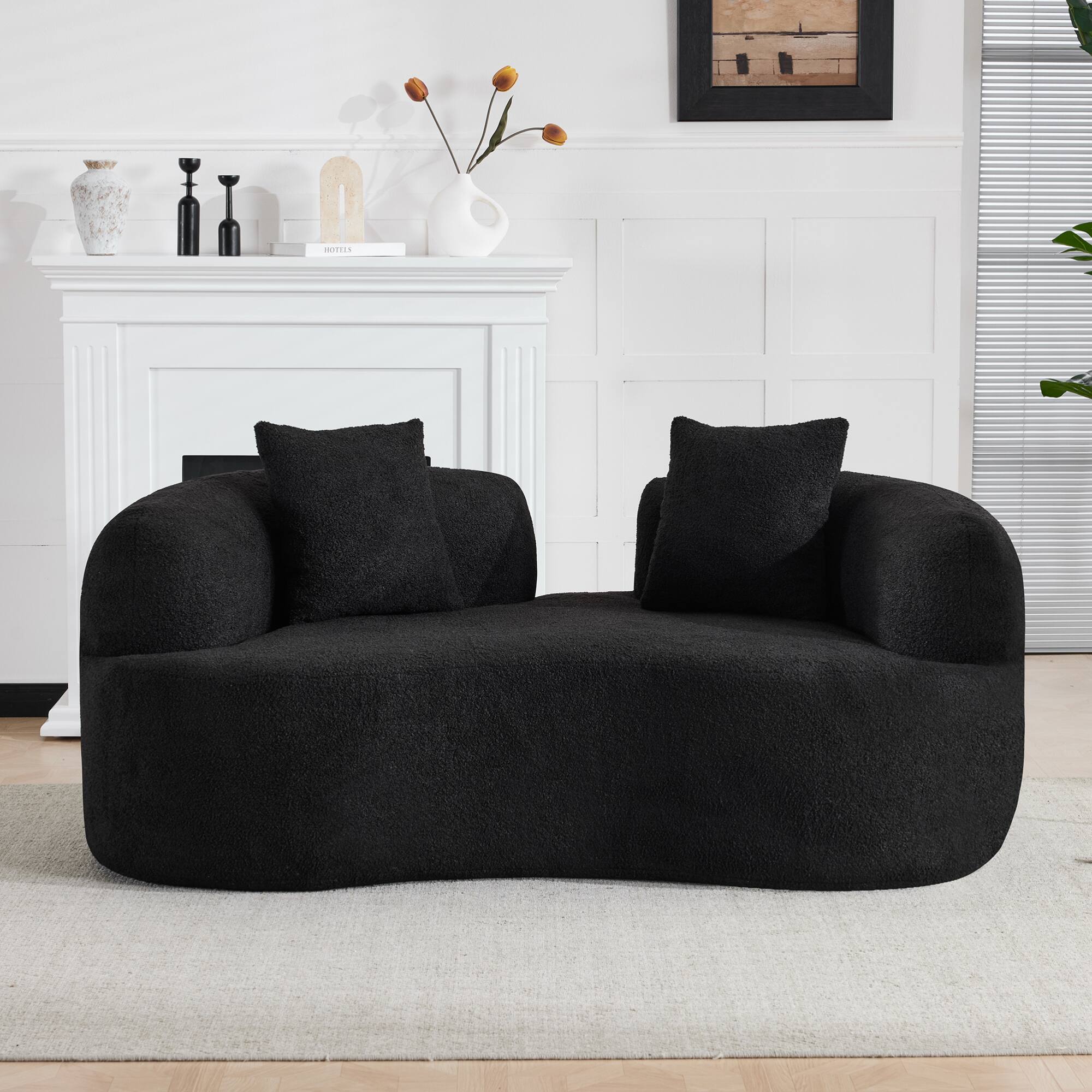 Back. GOODSILO - Modern Curved Loveseat Sofa with Teddy Velvet Fabric for Small Spaces and Apartments - Black.