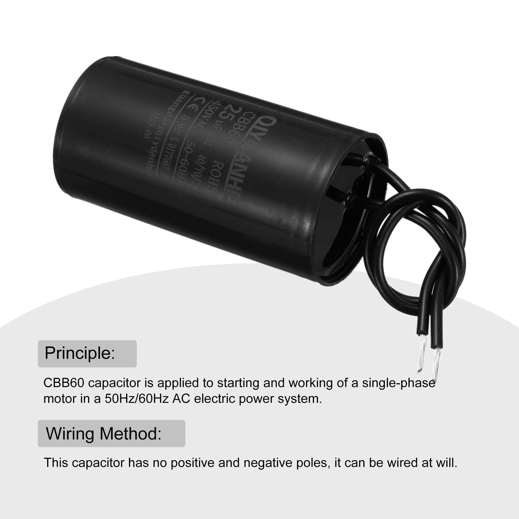 Buangdoagqi CE 450V 25 2025 an AC CBB60 06 5 uP2S QIYO yuanhe 1776672 50-60 40/70/2 ROHS QIYUANHE ANHE

Principle:  
CBB60 capacitor is applied to starting and working of a single-phase motor in a 50Hz/60Hz AC electric power system.

Wiring Method:  
This capacitor has no positive and negative poles, it can be wired at will.