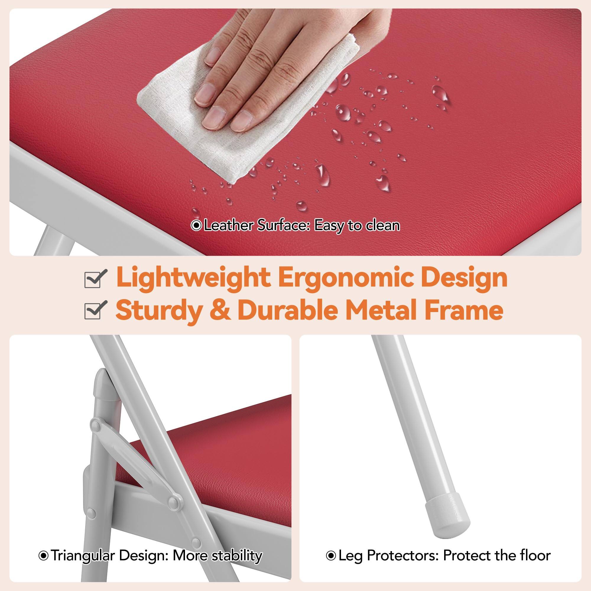 - Leather Surface: Easy to clean
- Lightweight Ergonomic Design
- Sturdy & Durable Metal Frame
- Triangular Design: More stability
- Leg Protectors: Protect the floor