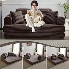 Tiramisubest - Convertible Sleeper Sofa Bed, 78.5" Corduroy Foldable Sofa, King Size Floor Mattress Couch, No Assembly Required - Brown