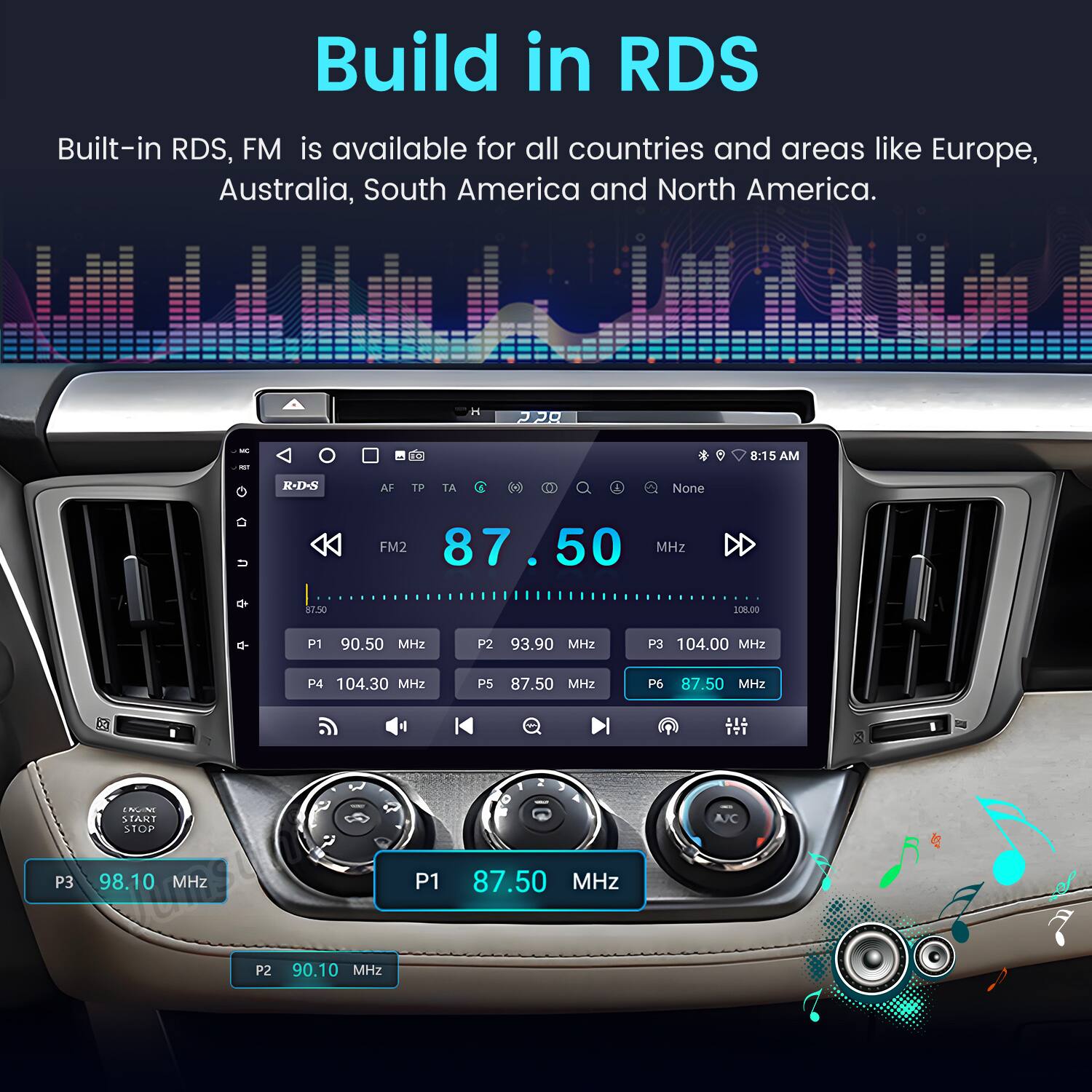 Build in RDS

Built-in RDS, FM is available for all countries and areas like Europe, Australia, South America and North America.
