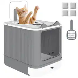Pawhut - Litter Box with Lid, Enclosed Litter Box for Medium Cats, Front-Entry and Top-Exit, Scoop - White