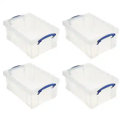 Front. Really Useful Box - Really Useful Box 9L Storage Container with Snap Lid & Clip Lock Handle (4 Pack) - Clear.